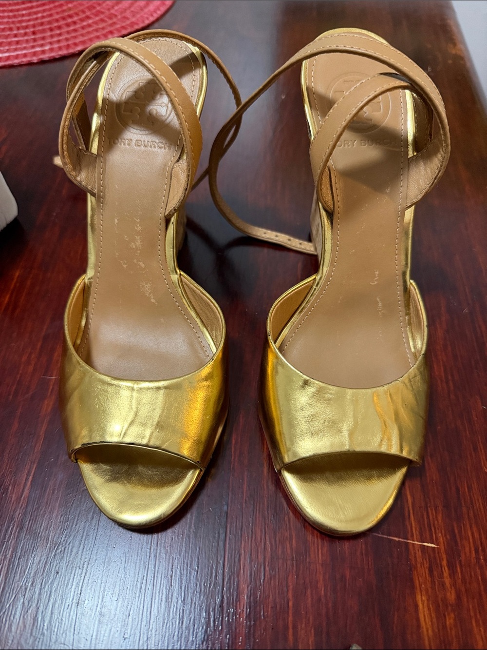 Tory Burch Metallic Gold Open-Toe Ankle-Strap Heels